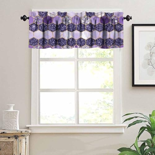 Purple Marble Valance, Abstract Gold Ombre Modern Luxury Diamond Honeycomb Geometric Romantic Print Blackout Short Window Curtain Treatment for Girls Bedroom Living Room, 54x18inch - color: Marble-22