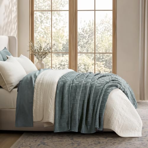 EVERGRACEHOME Modern Checkered Chenille Throw Blanket, 60x80, Stormy Blue - color: Stormy Blue, size: 60" X 80"