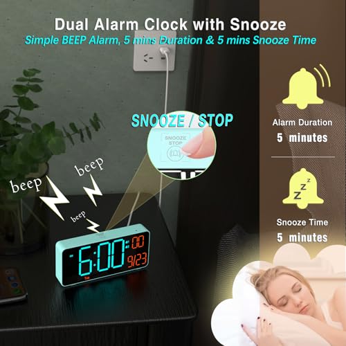 KOSUMOSU Alarm Clock for Bedroom, 6.7in Small Digital Clock, Auto Dimming, Room Temperature, Day of The Week, Date, Alarm Clocks for Living Room, Desk Clocks - color: Blue (Blue + Orange Digits)