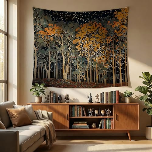 MKYFHSVGD Fantasy Night Forest Tapestry Wall Hanging, Vintage Enchanted Forest Rustic Floral Botanical Wall Tapestry for Home Bedroom Living Room Office Decorations, 50x60 Inch - color: Night Forest