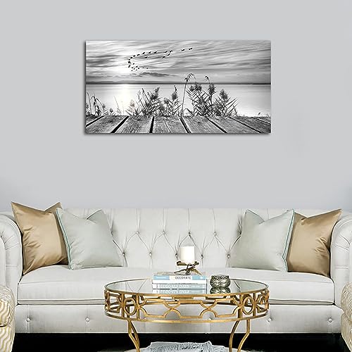 yearainn Black and White Canvas Wall Art Sunset Lake with Flying Birds Pictures for Wall Decor Nature Landscape Canvas Painting Artwork for Living Room Bedroom Office Home Wall Decoration 24" x 48" - color: Black and White Sunset Lake, size: 48"L x 24"W