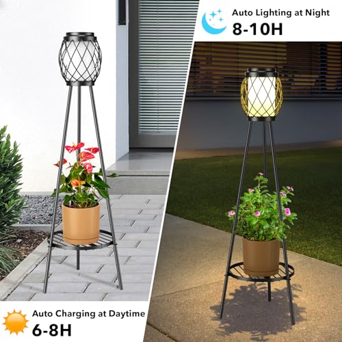 MXwcy 2-in-1 Solar Lights Outdoor with Plant Stand, Waterproof Vintage Solar Floor Lamp & Metal Planter Holder, Tall Geometric Lantern Tripod for Patio, Garden, Yard, Porch Decor (2 Pack) - color: B- 2Pack Black - Single shelf, size: Medium