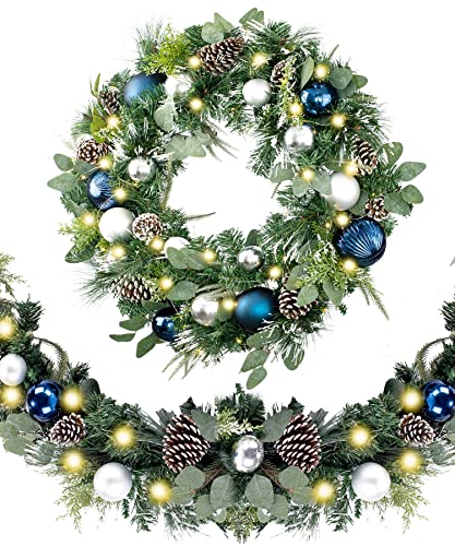 WANNA-CUL Pre-Lit 9ft Christmas Garland with Lights 50 LED Blue Baubles - color: 01-sliver Blue