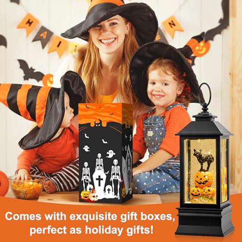 10'' Halloween Snow Globe Lantern Lighted Musical Water Lantern Spooky Pumpkin and Witch' s Black Cat Combo with Swirling Glitter, Battery Operated or USB Powered - color: 10'' Pumpkin & Witch' S Black Cat
