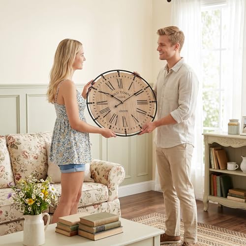 EMAX HOME 20 Inch Large Farmhouse Wall Clock, Light Wood Grain Face with Black Metal Frame, Silent Non-Ticking Quartz Movement, Easy-to-Read Roman Numerals, for Living Room, Bedroom, Kitchen. - color: Brown, size: 20 Inch Black numerals
