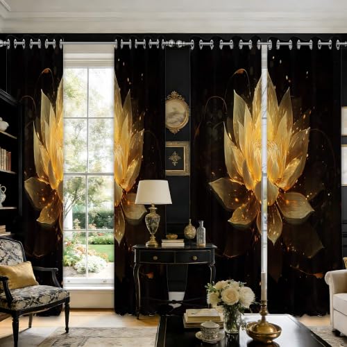 Black and Gold Blackout Curtains, Lotus Drapes 96 inches length, 2 Panels - color: Black and Gold, size: 52"W x 96"L (Pack of 2)