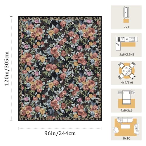 Washable 8x10 Area Rug, Navy Boho Floral Non-Slip for Living Room, Bedroom - color: Dark Navy, Dusty Rose, Mustard and Blue Grey, size: 8' x 10' (Rectangular)