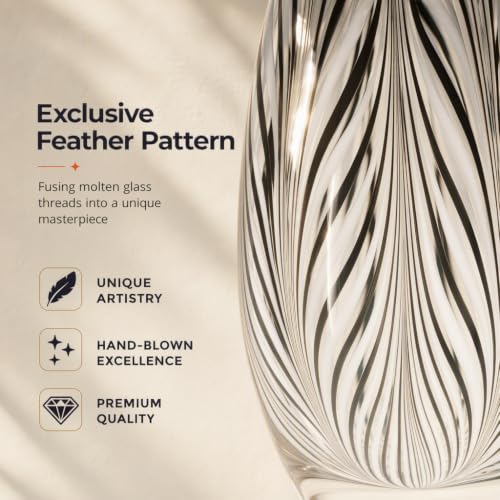 Murano Style Glass Vase Hand Blown Black and White Feather Pattern Effect - color: Black and White
