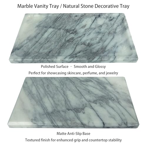 White Marble Vanity Tray – 10.63"x5.91" Rectangular Natural Stone Organizer for Bathroom Perfume Makeup Jewelry Dresser Entryway - color: Rectangular Plum Blossom White