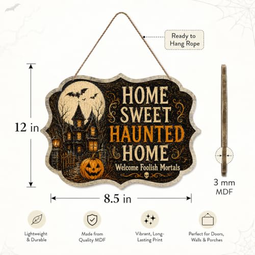 Home Sweet Haunted Home Halloween Wooden Hanging Sign for Front Door, Vintage Haunted House Pumpkin Wall Decor, Rustic Farmhouse Halloween Decoration for Porch(D03) - color: Home Sweet Haunted Home