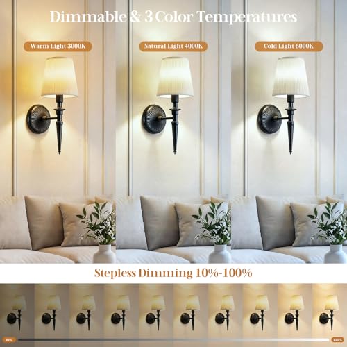 Battery Operated Wall Sconces Set of 2, Wireless Rechargeable Wall Lights with 12 RGB Colors and 3CCT Dimmable, Small Fabric LED Wall Lamps for Bedroom, Living Room, Hallway, Black - color: Black