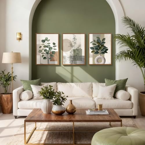 3 Pcs Framed Sage Green Boho Botanical Neutral Abstract Canvas Wall Art - color: Eucalyptus Bamboo Plant, size: 16"x24"x3Pcs