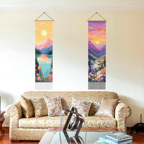 AHANDMAKER 2Pcs Colorful Sunrise and Sunset Tapestry, Mountain River Landscape Long Vertical Wall Hanging, Nature Scenery Tassel Wall Aesthetic Tapestry for Bedroom Living Room, 45.7x13Inch - color: Sunrise and Sunset