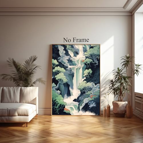 GADZRTIL Abstract Waterfall Wall Art Japanese Landscape Poster Blue Nature Pictures Japanese Waterfall Wall Art Abstract Hokusai Canvas Wall Art Abstract Landscape Artwork 16x24inch No Frame - color: Waterfall Art-Unframed