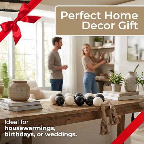 Resin Decorative Objects Bead Garland – Shelf and Table Accent Decorative Object, Living Room and Entry Console Styling, Modern Decorative Objects for Layered Home Decor Texture – 46", Black & White