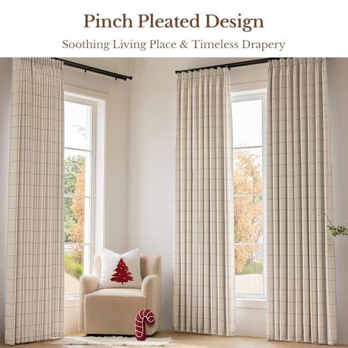 THREE GIRLS Plaid Pinch Pleated Curtains - Modern Luxury Linen Buffalo Blackout Drapes, Thermal Insulated Double Layer Window Panels for Living Room Bedroom, 120 Inches Long Brown 2 Panels Set - color: Linen, size: 40"W x 120"L (Pack of 2)