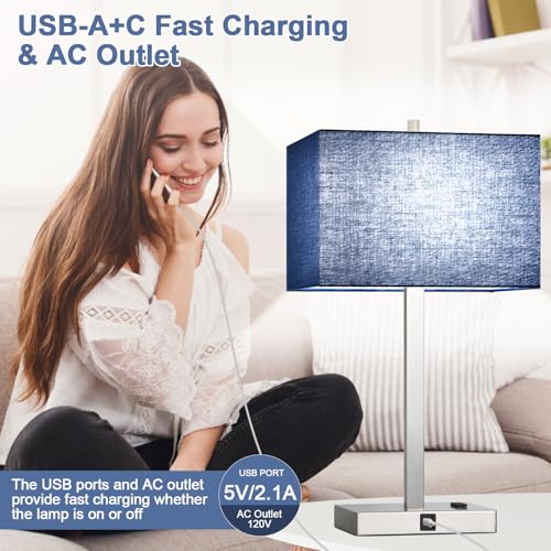 Lynnoland 21" Set of 2 Table lamp with USB A+C & AC Outlets, Touch Control 3-Way Dimmable Nightstand Lamps for Bedroom Living Room Office Reading, Blue Shade Touch Lamps, 5000K LED Bulbs Included - color: Blue Line & Brushed Nickel
