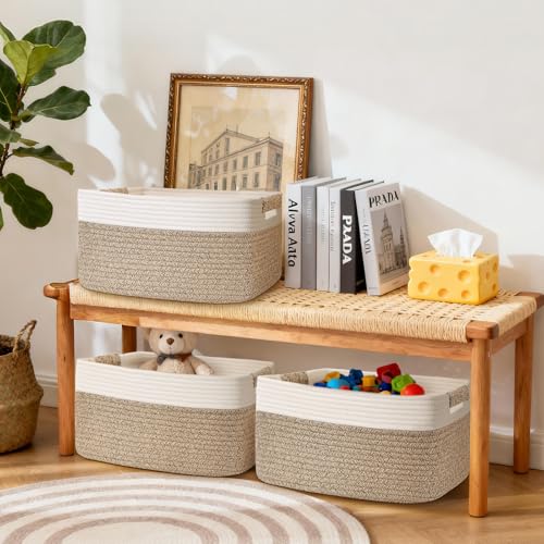 2 Pack Large Storage Basket for Organizing, 17.5"x13"x7" Woven Basket for Shelves, Closet Cube Storage Bins with Wrapped Handle, Cotton Rope Baskets for Kitchen, Clothes, Toys(Off White & Brown) - color: Off White & Brown, size: 2 Pack