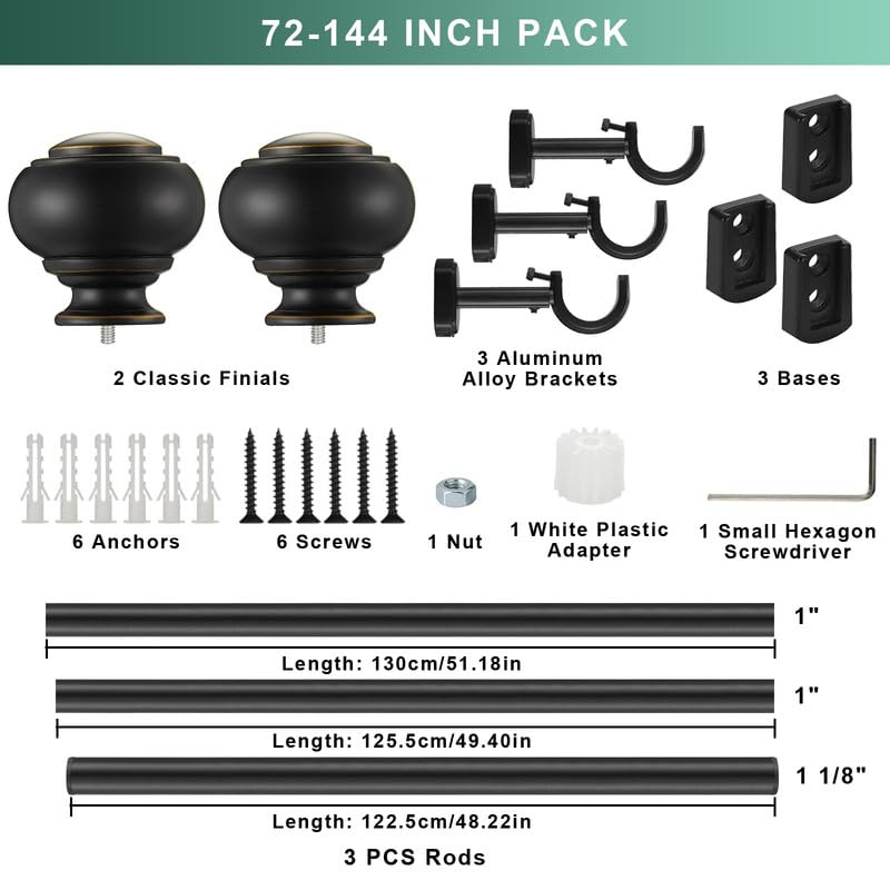 Heavy Duty Curtain Rods, 1 1/8" Diameter Curtain Rod for Window 72-144 Inch(6-12ft), Single Drapery Rods with Classic Finials and Adjustable Aluminum Alloy Brackets, Matte Black - color: Matte Black, size: 72-144"