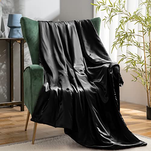 Vonty Black Satin Throw Blanket 50x60In, Cooling Silky Wrinkle-Free - color: Black, size: 50" x 60"