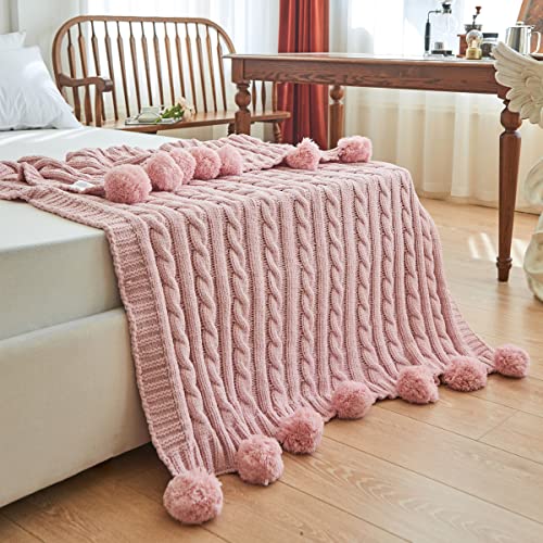 Chenille Chunky Knitted Throw Blanket with 14 pcs Pom Poms Tassel Super Soft Cozy Warm Blanket for Sofa Bed Soft Couch 50 x60 inches (Pink)?-¡ - color: Pom-pom-pink, size: Throw 50"X60"
