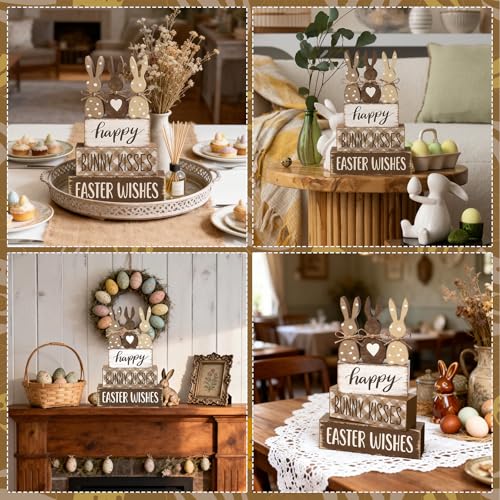 Yousoontic 4 Pcs Rustic Easter Bunny Wooden Table Decorations, Spring Farmhouse Rabbit Tiered Tray Sign Country Table Top Centerpiece Decorative for Home Entryway Office Desk Mantel Room Decor, Gift - style: Easter Bunny
