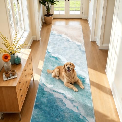 Beach Pattern 2.6x10ft Runner Rug Non Slip Washable Kitchen Runner Rug with Rubber Backing,Low-Pile Soft Washable Runner Rugs for Hallway Entryway Kitchen Bedroom Living Room Bathroom - color: Light Blue Beach, size: 2'6''x10'