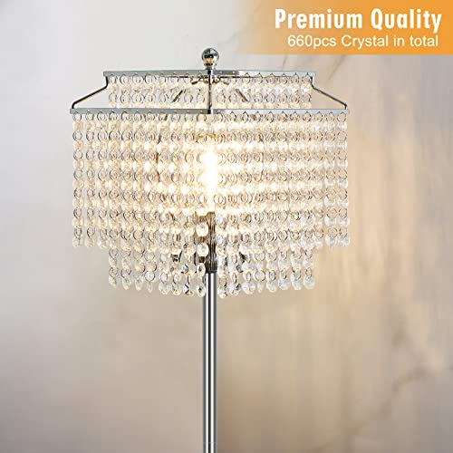Luvkczc Crystal Floor Lamp, 64" Tall Modern Standing Lamps with Double-Layer Lampshade, On-Off Foot Switch, Silver Finish Pole Lamp for Living Room, Bedroom, Office, 8W Bulb Included - color: Silver