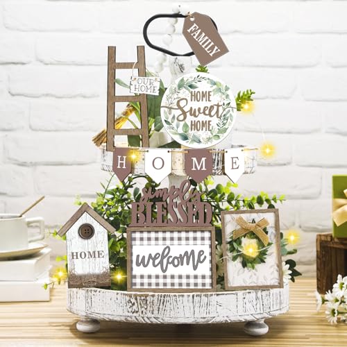 FairySandy 11 Pcs Home Tiered Tray Decor Greenery Rustic Wooden Signs - style: Greenery