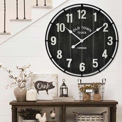 EMAX HOME Large Old Town Farmhouse Black Wall Clock 24 Inch Rustic Antique Wood with Metal Circle and Large Numerals Silent Battery Operated Wall Clock for Office Kitchen Bedroom Living Room - color: Black, size: 24 Inch