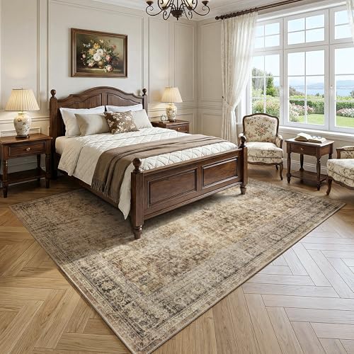 FMFUNCTEX 6x9 Washable Brown Vintage Distressed Large Rug for Living Room - color: Brown, size: 6' x 9' (Rectangular)