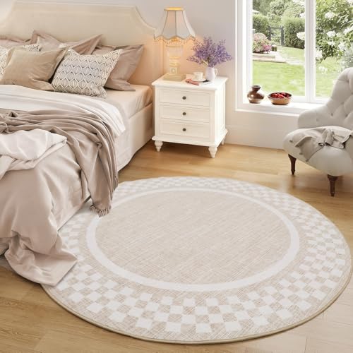 GarveeHome 4ft Washable Round Rug for Entryway Checkered Bedroom Circle Rug - color: Beige, size: 4' (Round)