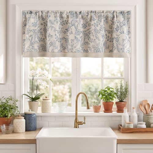 jinchan Linen Valance Curtain Farmhouse 16 Inch 1 Panel Blue on Beige - color: Forest | Blue, size: 50"W x 16"L (Pack of 1)