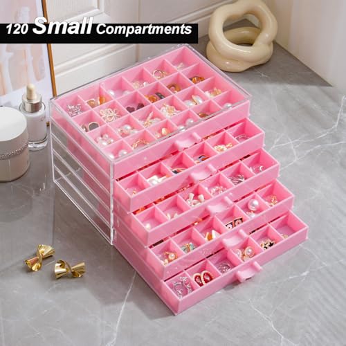 EYUFONG Earring Storage Box Organizer 5 Drawers with 120 Small Compartments - color: Pink