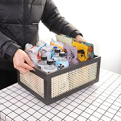 Black Wooden Rattan Storage Basket with Handle,14.96"x11.02"x6.30" - color: Black, size: Large (Set of 1)