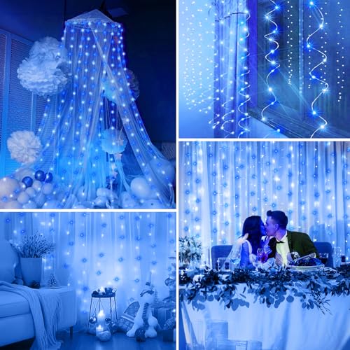 Minetom Curtain Lights, 300 LED Dimmable Twinkle Fairy Lights, 8 Modes - color: Blue & White, size: 1 Pack