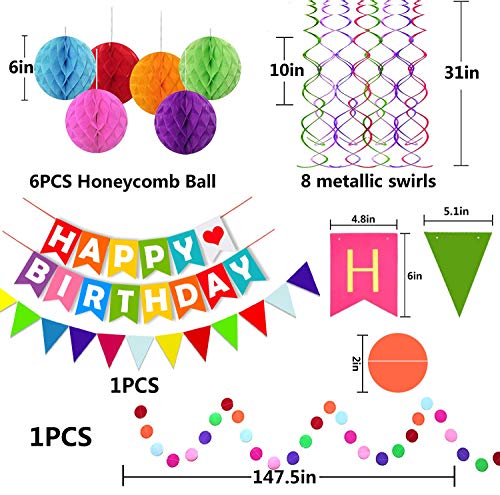 FECEDY Colorful Happy Birthday Banner Paper Triangle Flag Bunting Circle Confetti Dots Hanging Garland And Honeycomb Ball Swirl Streamers for Birthday Baby Shower Party Decoration - color: Multicolor 4