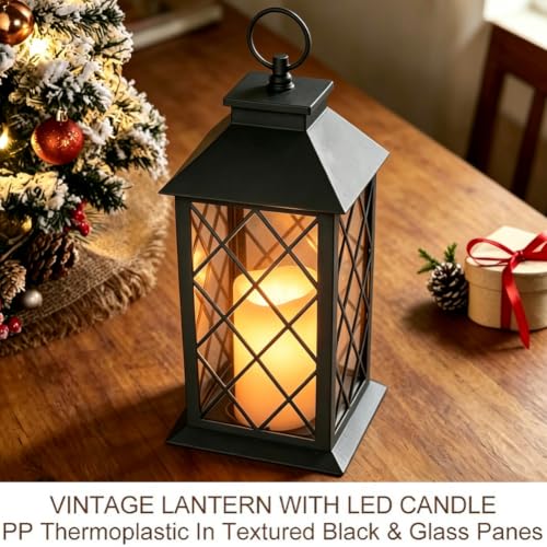 13.5" Black Vintage Candle Lantern with LED Pillar Candle and Timer - IP44 Waterproof Porch Light - Tabletop Lantern Decorative Outdoor - color: Textured Black Vintage Lantern - PP Metallic Coating