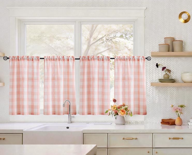 Blush Buffalo Check Tier Curtains 24" Country Plaid Kitchen Curtains Pink - color: Blush Pink and White, size: 24"W x 24"L (Pack of 2)