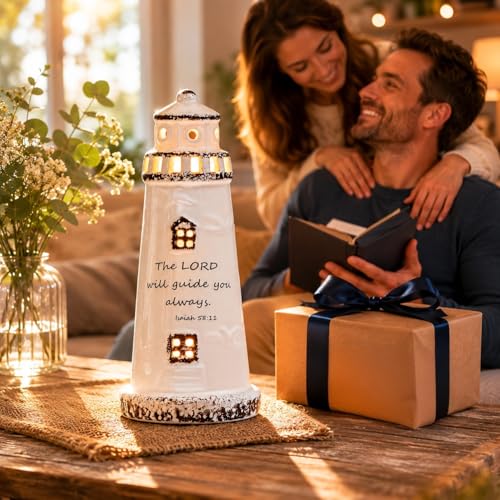 DAILYBREAD Christian Lighthouse Lamp for Men – Ceramic LED Night Light with Scripture Verse, Inspirational Gift for Dad, Husband, Pastor, Christian Home Decor 8" H - color: Guide