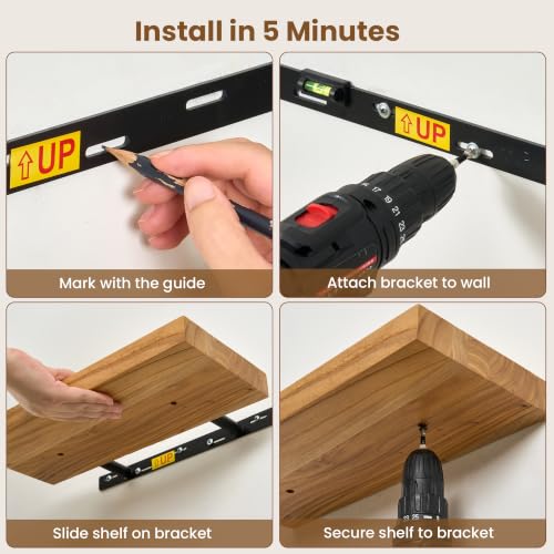 fuqing Floating Shelves for Wall, 16 Inch Rustic Solid Elm Wood Shelves - color: Natural Elm Flat Edge - 6.7"d, size: 16"L - 2Packs