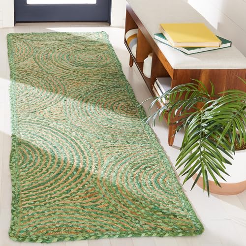 SAFAVIEH Cape Cod Collection Runner Rug - 2'3" x 8', Green & Natural, Handmade Boho Braided Circles Jute & Cotton, Ideal for High Traffic Areas in Living Room, Bedroom (CAP203Y) - color: Green/Natural, size: 2'3" x 8' (Runner)