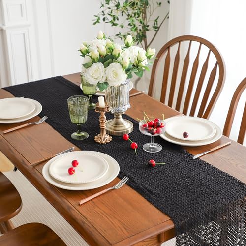 Simple&Opulence Boho Macrame 100% Cotton Table Runner - 12 x 72 Inch, Woven Farmhouse Table Runner with Tassels for Bohemian Rustic Wedding, Bridal Shower, Dinner (Black) - size: 12"x72", style: Cotton / Black