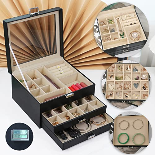 BOOVO Clear Lid Jewelry Box,3 Layers Jewelry Organizer (Black, 3 Layer) - color: Black, size: 3 Layer