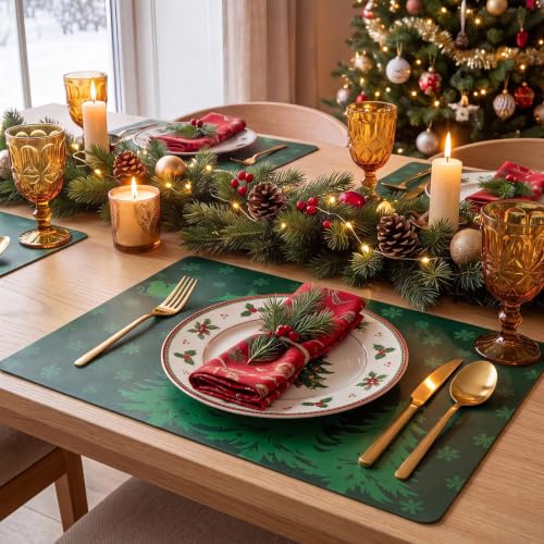 MOSAYT Christmas Vinyl Placemats Set of 6, 12 X 17 Inch, Green - color: Christmas Green