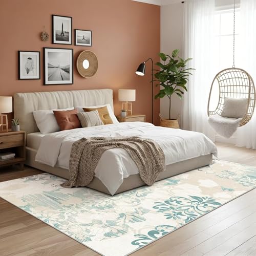 Washable 8x10 Area Rug for Living Room, Non-Slip Large Beige Bedroom Rugs - color: Beige Floral, size: 8' x 10' (Rectangular)