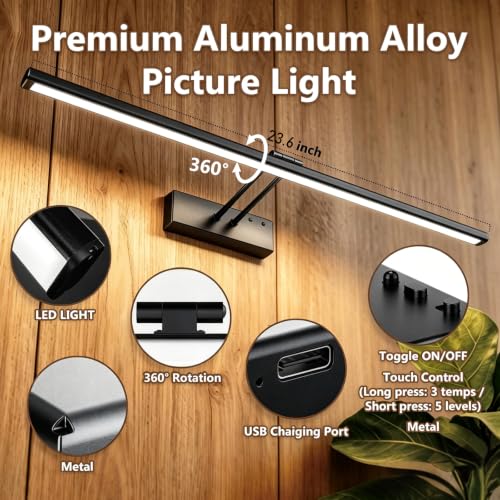 24" Wireless Picture Light, Dimmable Rechargeable Wall Light for Artwork