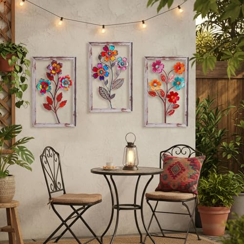 Newinhome 3 Pieces Metal Flowers Wall Art, 3D Boho Flower Wall Decor
