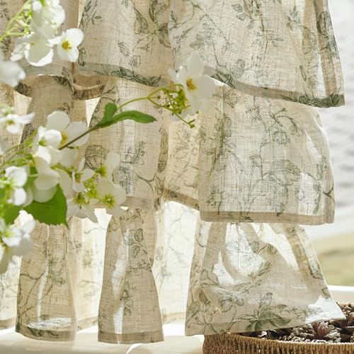 jinchan Amlie Ruffled Floral Valance Curtain 1 Panel 18 Inch Green on Linen - color: Amlie Sage Green on Linen