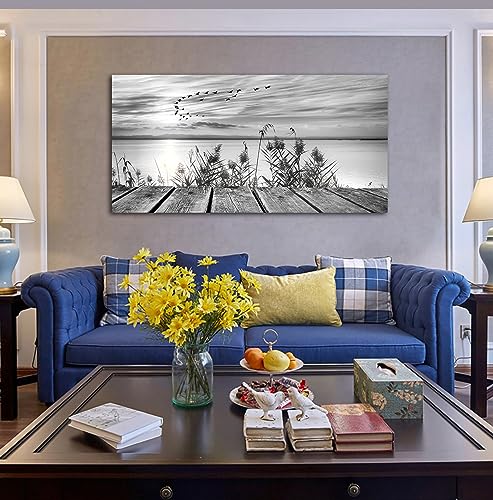 yearainn Black and White Canvas Wall Art Sunset Lake with Flying Birds Pictures for Wall Decor Nature Landscape Canvas Painting Artwork for Living Room Bedroom Office Home Wall Decoration 29" x 58" - color: Black and White Sunset Lake, size: 58"L x 29"W